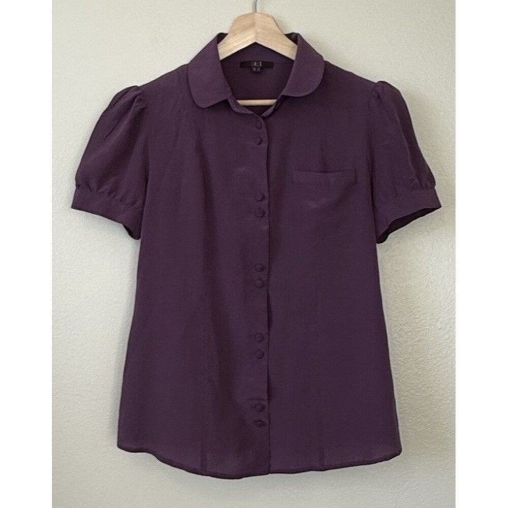 DAKS London Silk Blouse Purple Peter Pan Collar UK 14 US 10 Button Front Career